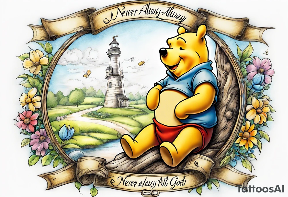 Winnie the Pooh with the words “ never alone always lonely, Always have faith but not in god” tattoo idea