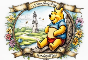 Winnie the Pooh with the words “ never alone always lonely, Always have faith but not in god” tattoo idea