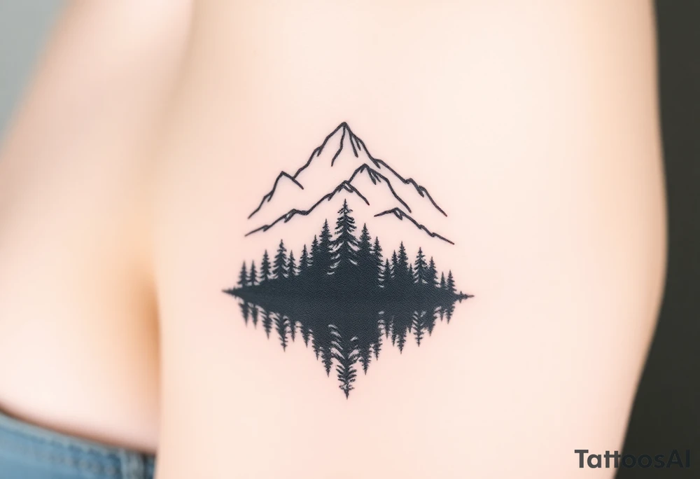 Mountain range above, lake below reflecting a dark, dense forest. Past struggles in reflection, clarity in peaks tattoo idea