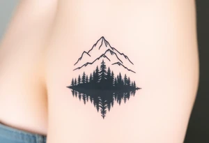 Mountain range above, lake below reflecting a dark, dense forest. Past struggles in reflection, clarity in peaks tattoo idea