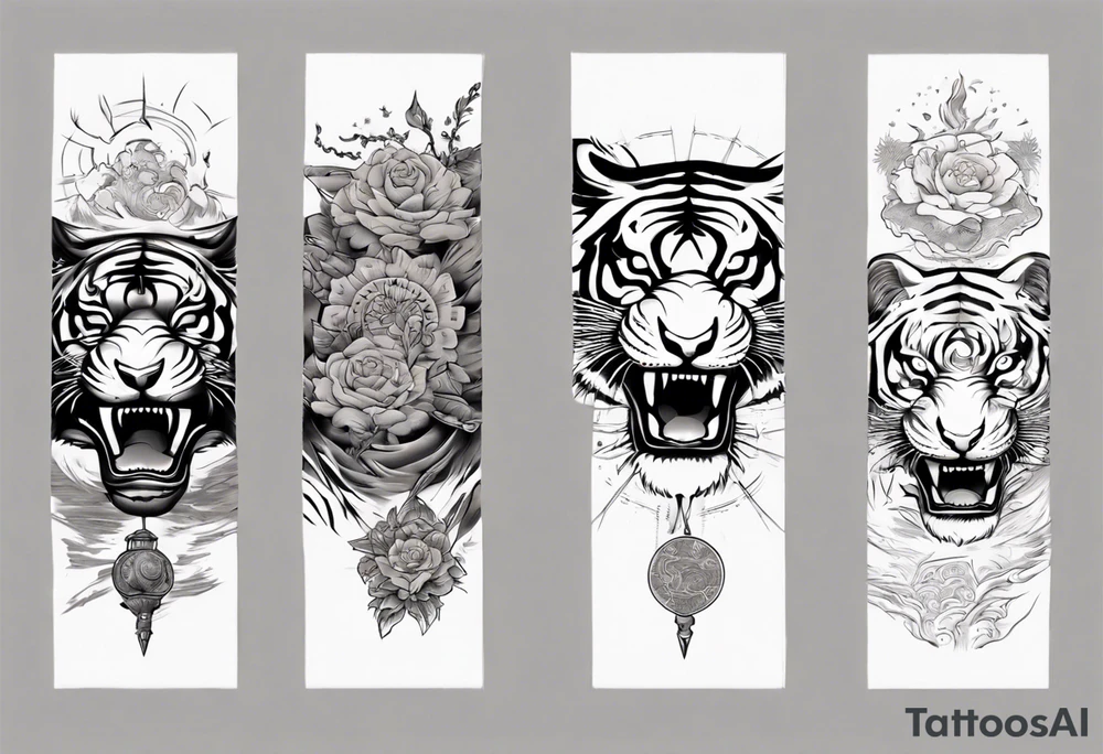 Ancient tiger with lightning and a sun for a forearm sleeve. With patterns surrounding it tattoo idea