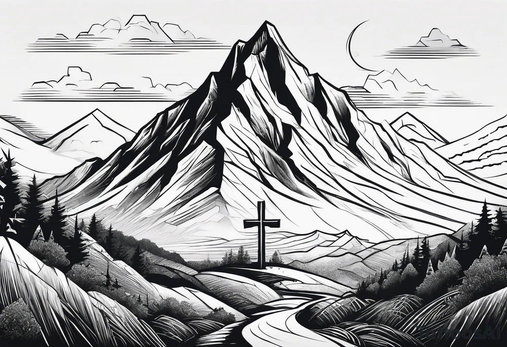 Small Cross on top if a one mountain tattoo idea