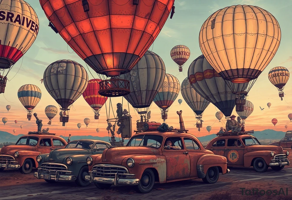 in a very steam punk vibe i want you to make a picture of a bunch of old beat up cars with people lounging in them and garbage and junk all up in and on them, tied to hot air balloons floating in the sky right about dusk and they are as far as the eye can see i want the cars to be floating as if they were the basket to the hot air balloons and the hot air balloons are all different colors and patterns and some are old and patched and i dont want to see the ground at all  i want this to be a scene that is up in the sky with them all floating under the balloons like it is in a dream and every single balloon in the picture is attached to a different old car, and some of the cars you can see people kicked back with thier feet out the window and stuff on the dash of the car, and some with people hanging an arm out hte window some have cigarrette smoke coming out the window, and the balloons all are different but every single car is floating high in the sky tattoo idea