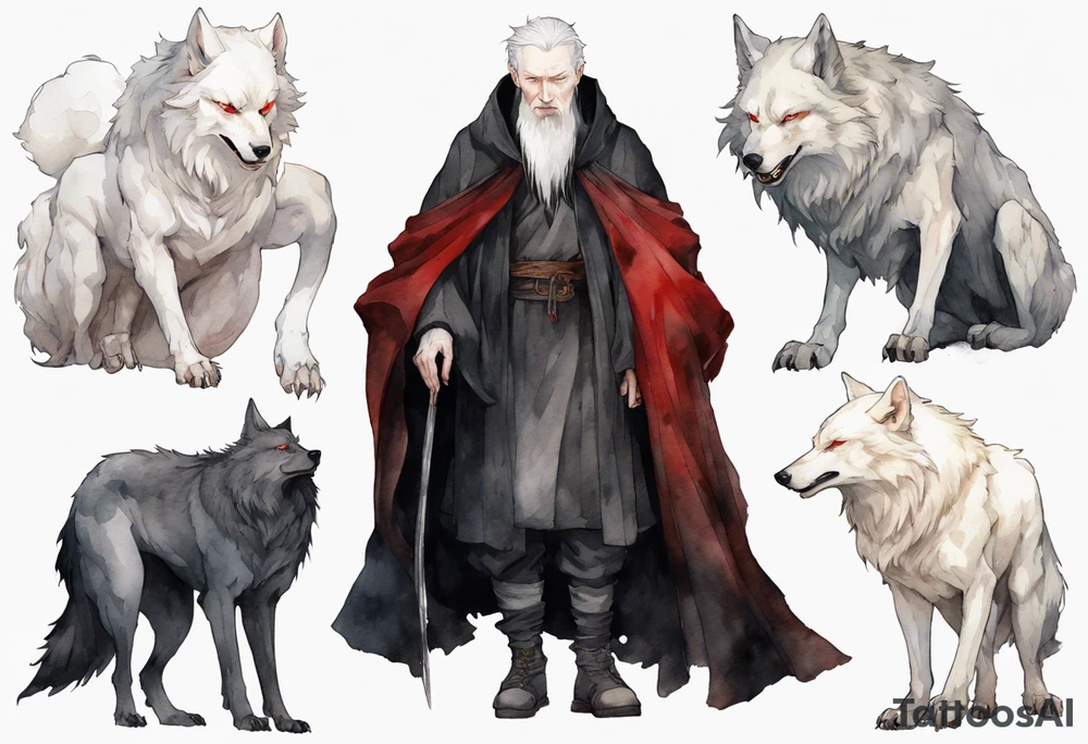 a pale-skinned medieval man with grey hair, red eyes, and a black cloak standing beside a massive albino wolf tattoo idea