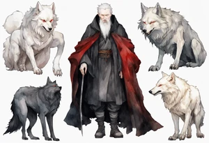 a pale-skinned medieval man with grey hair, red eyes, and a black cloak standing beside a massive albino wolf tattoo idea