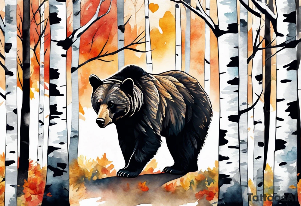bear silhouette, birch trees, wrapped around man's ankle tattoo idea