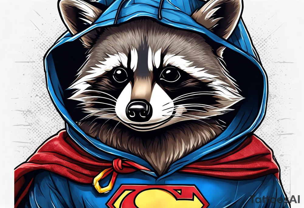 raccoon wearing a Superman hoodie tattoo idea