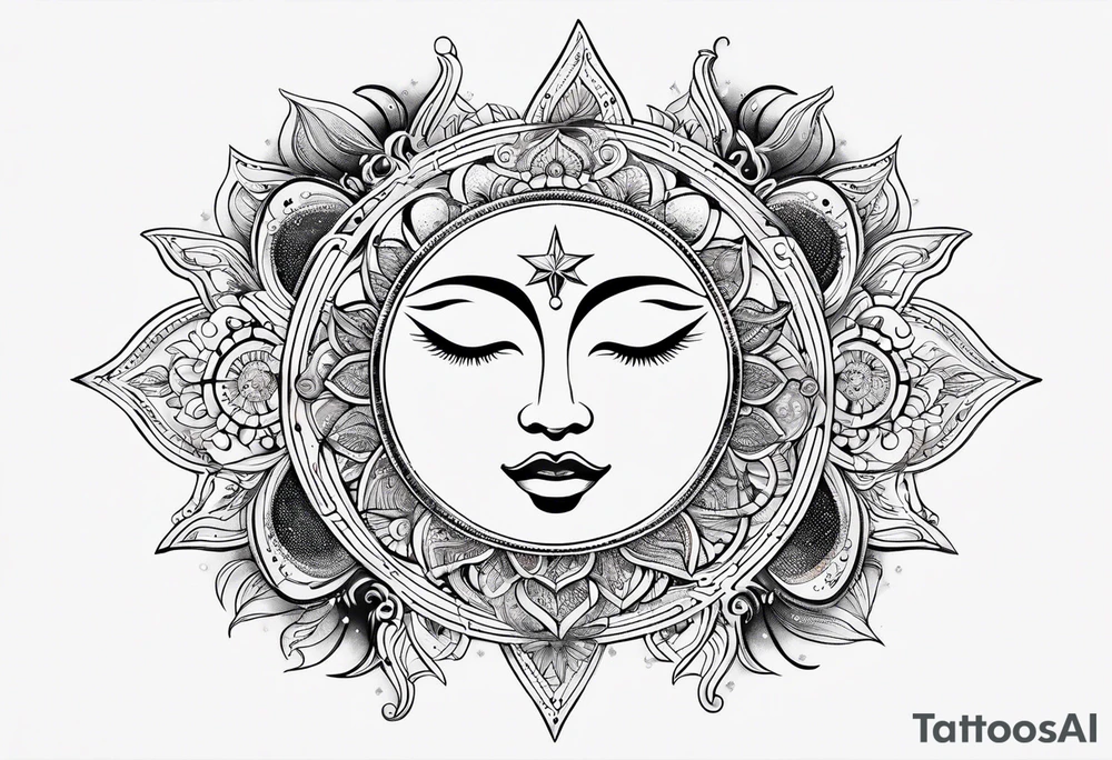 Feminine Sun and moon. Freeform rectangular sternum swirls with dots and stars tattoo idea