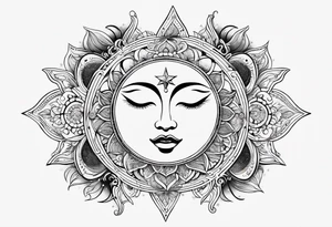Feminine Sun and moon. Freeform rectangular sternum swirls with dots and stars tattoo idea