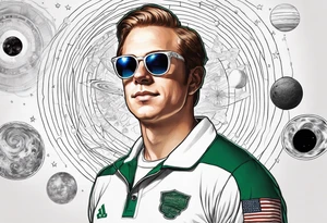 Joseph Smith Jr. wearing a Dartmouth College shirt, and hypnotic looking sunglasses, with a solar system background tattoo idea