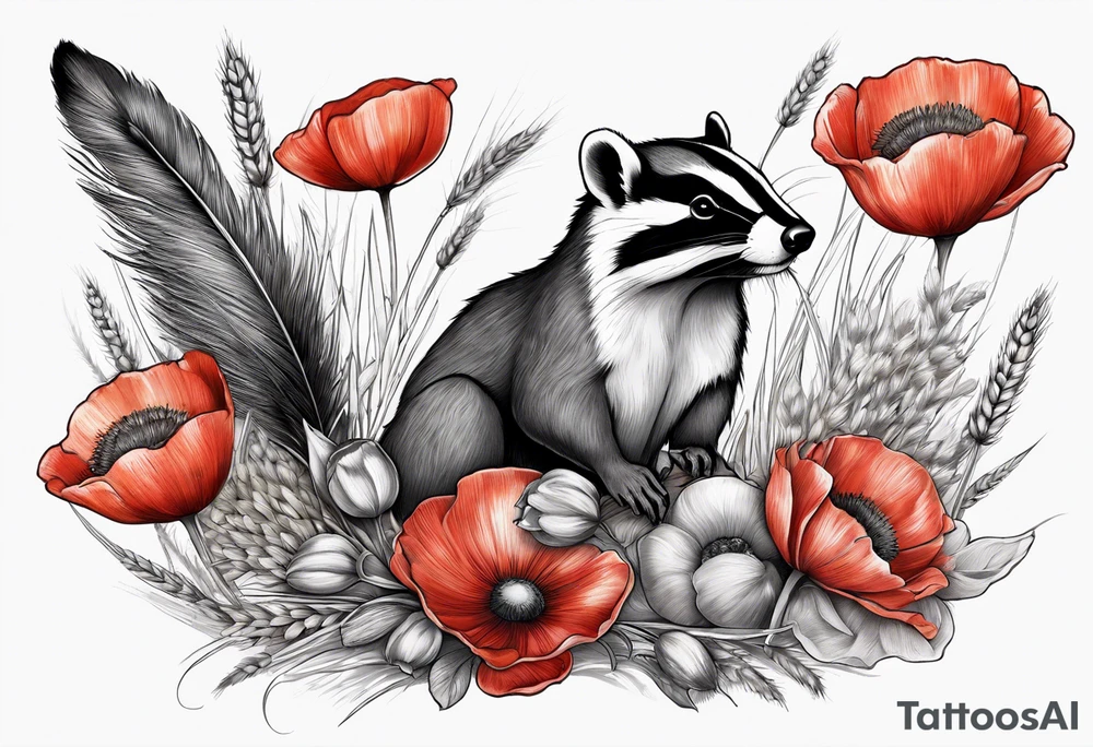 A British wildlife sleeve, with a badger, squirrel, falcon and field mice on with poppys and wheat at the bottom tattoo idea