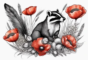 A British wildlife sleeve, with a badger, squirrel, falcon and field mice on with poppys and wheat at the bottom tattoo idea