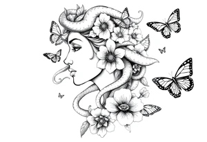 Side portrait of Medusa with flowers, butterflies 
and mandala tattoo idea