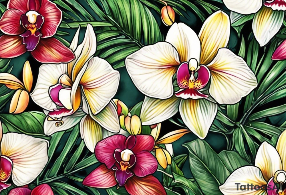 Tropical foliage and orchids tattoo idea