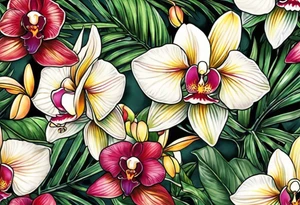 Tropical foliage and orchids tattoo idea