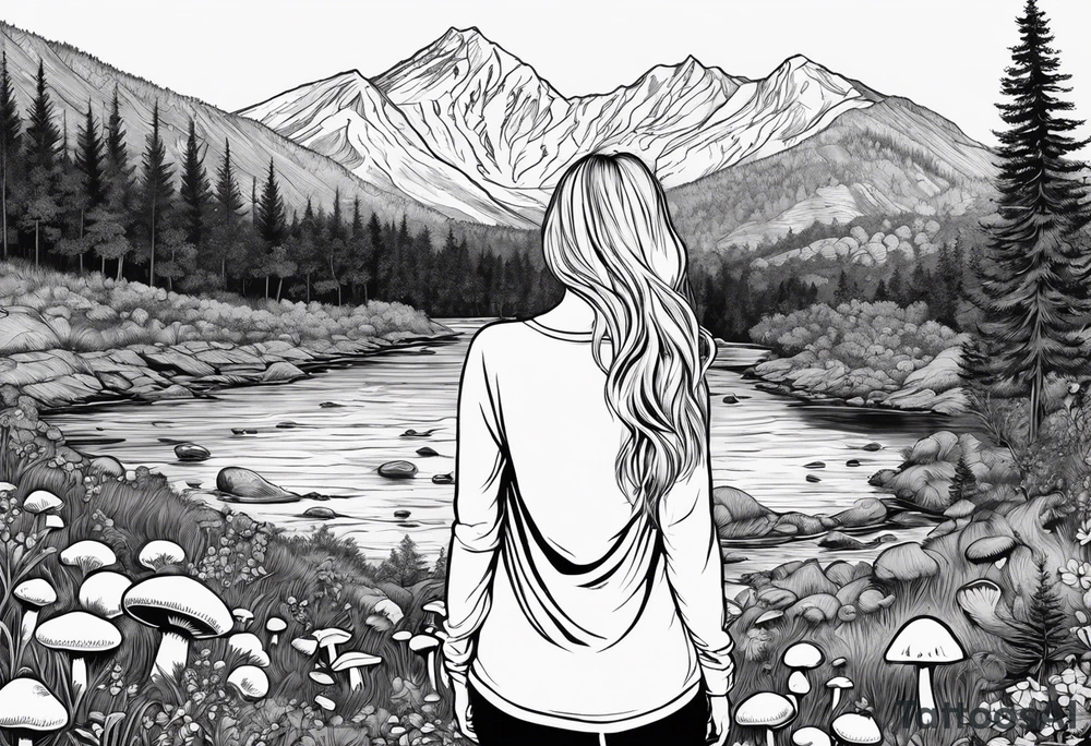 Whole picture encircled fully

Straight long blonde hair hippie girl in distance holding mushrooms in hand facing away toward mountains and creek surrounded by mushrooms long sleeve shirt and hiking pants; whole rendering within a full circle, no cut off circle tattoo idea