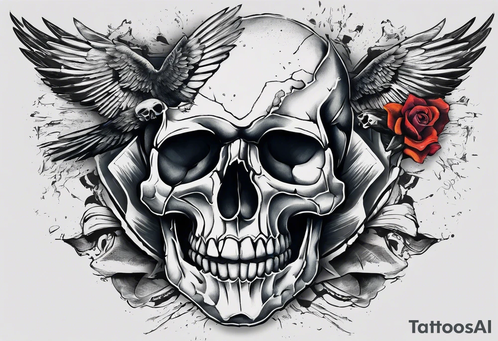 Design a tattoo concept that features a skull breaking free from censorship, symbolizing the fight for freedom of expression. The skull should be positioned on the neck, with bold lines and vibrant colors to represent the struggle against oppression. tattoo idea