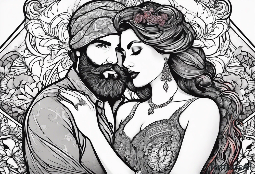 Busty red haired woman with a bearded man who has black hair getting married tattoo idea
