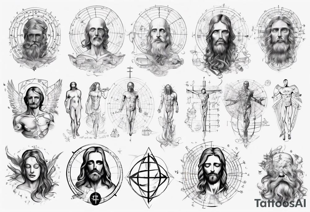 The study of human body and Jesus combined with emphasis on math and physics tattoo idea