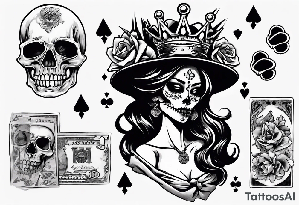 santa la muerta with money and crown
on the card tattoo idea