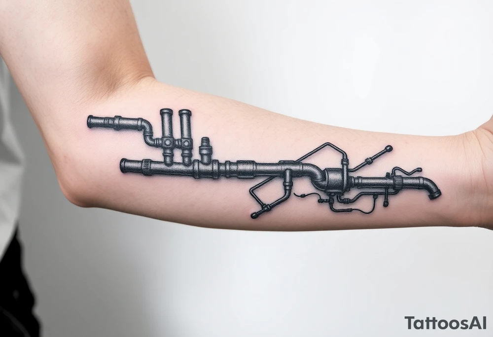 Top pipe starts closer to the elbow, long System of pipes that transitions and transforms into veins of forearm tattoo idea