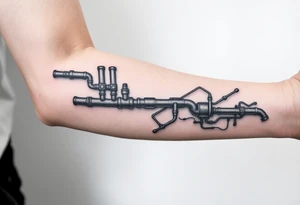 Top pipe starts closer to the elbow, long System of pipes that transitions and transforms into veins of forearm tattoo idea