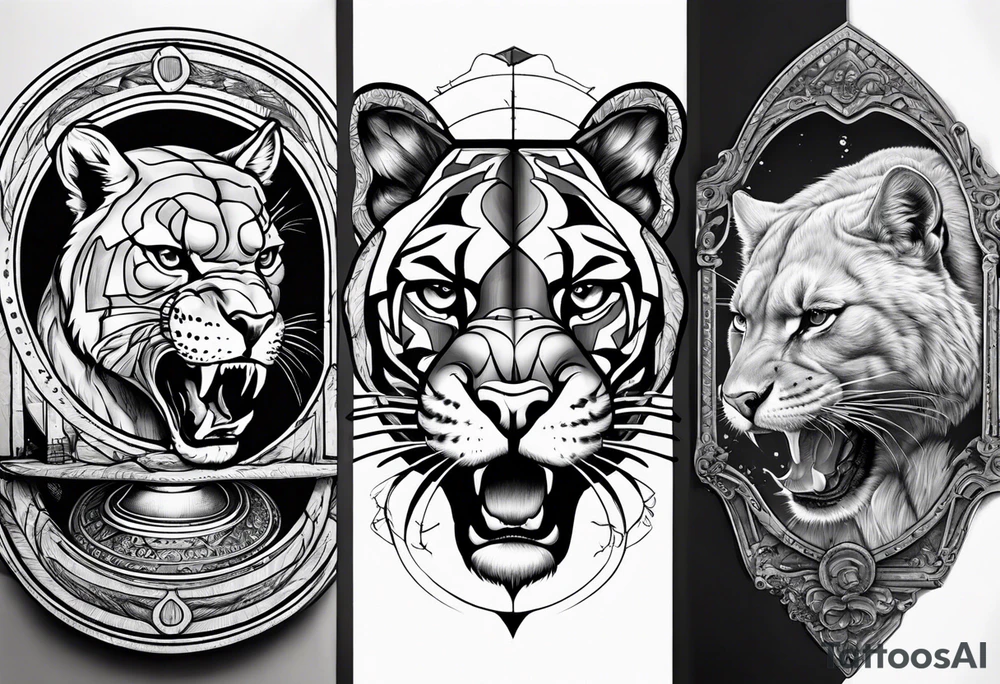 Brain in sagittal section and angry cougar inside hourglass tattoo idea