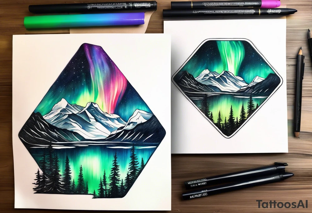 northern lights and mountain square shaped tattoo idea