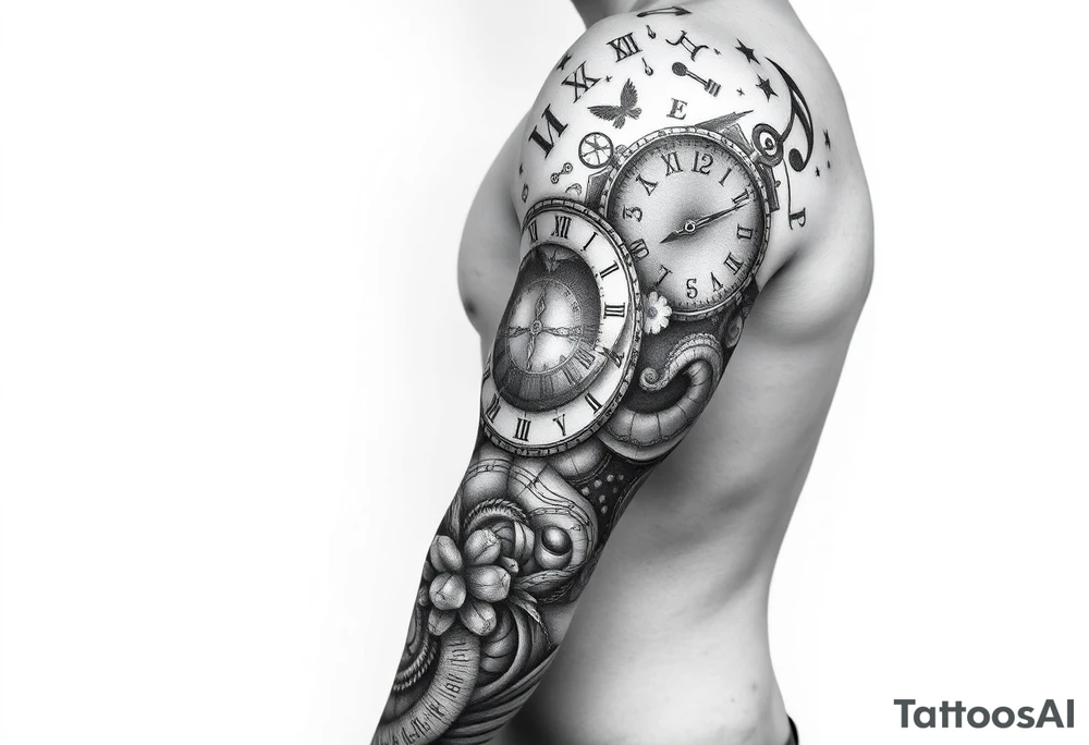 I want to create a sleeve for my left arm with elements if time and music and the dates 19.04.2019 and 28.01.2022 in Roman numerals tattoo idea