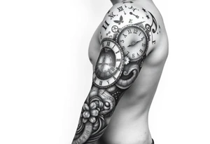 I want to create a sleeve for my left arm with elements if time and music and the dates 19.04.2019 and 28.01.2022 in Roman numerals tattoo idea