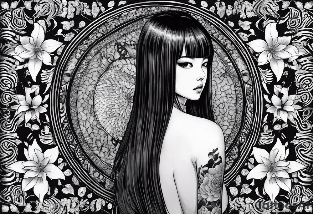 portrait of tomie a character by the author junji ito full body standing menacingly. a mole below her left eye tattoo idea