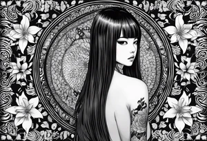 portrait of tomie a character by the author junji ito full body standing menacingly.  a mole below her left eye tattoo idea