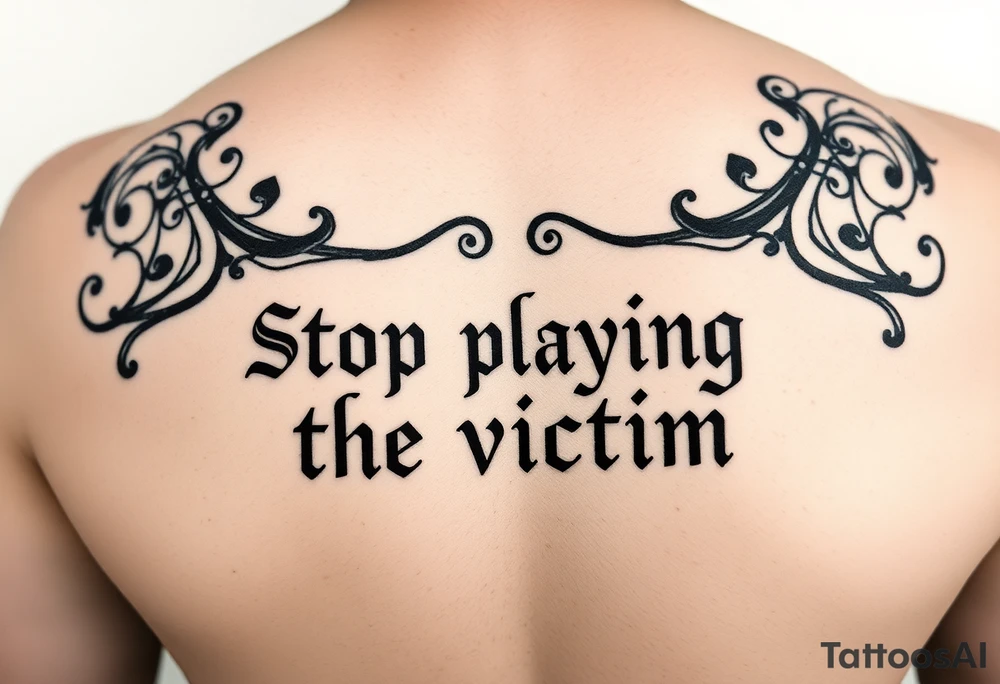 Writer the phrase :"Stop Playing the victim".
Karma infinite sign in background.
The words in greek style tattoo idea
