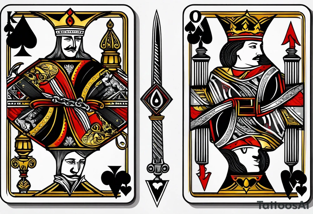 King, queen of spades cards with swords. Both cards together as a pair tattoo idea