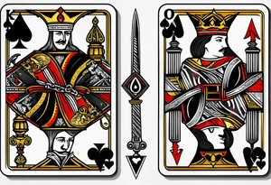 King, queen of spades cards with swords. Both cards together as a pair tattoo idea