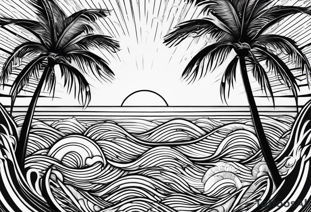 palm tree front of a sun and waves tattoo idea