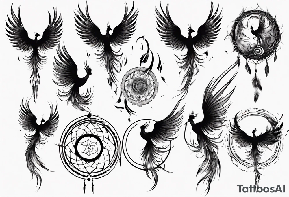 Vertical angry flying Phoenix with wings blending into circles and a long abstract dream catcher feather tail tattoo idea