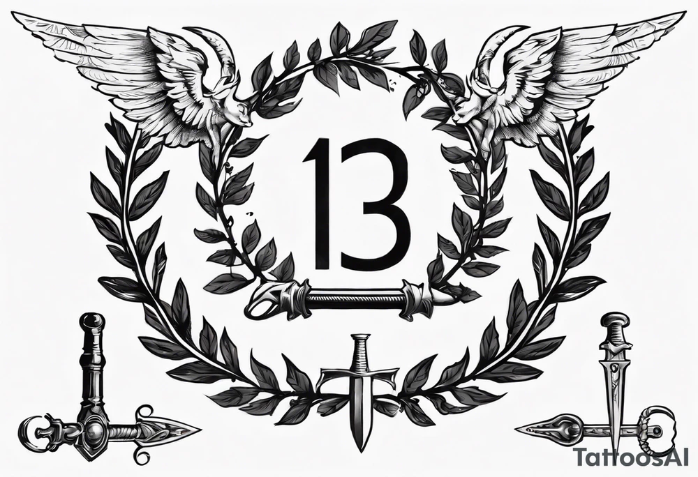 number 13, a laurel leaf wreath, and a Male angel holding sword tattoo idea