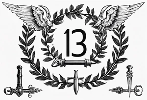 number 13, a laurel leaf wreath, and a Male angel holding sword tattoo idea