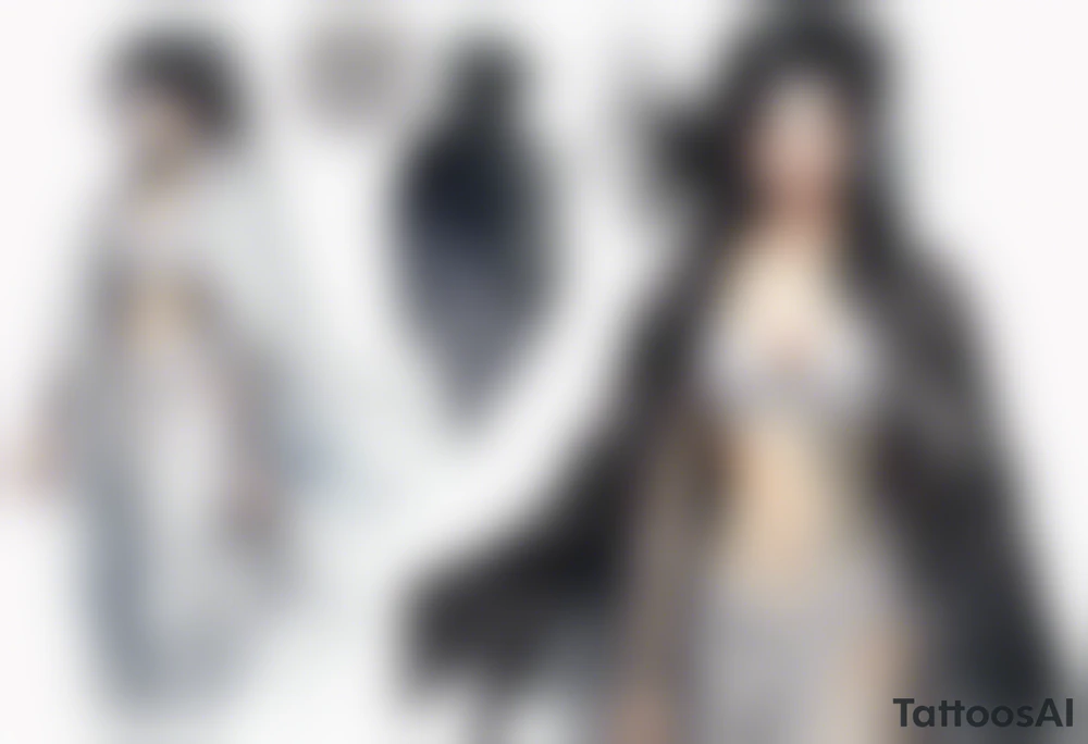 a middle aged woman with black hair with streak of white dressed in a black and silver cloak tattoo idea