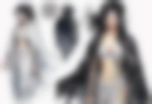 a middle aged woman with black hair with streak of white dressed in a black and silver cloak tattoo idea