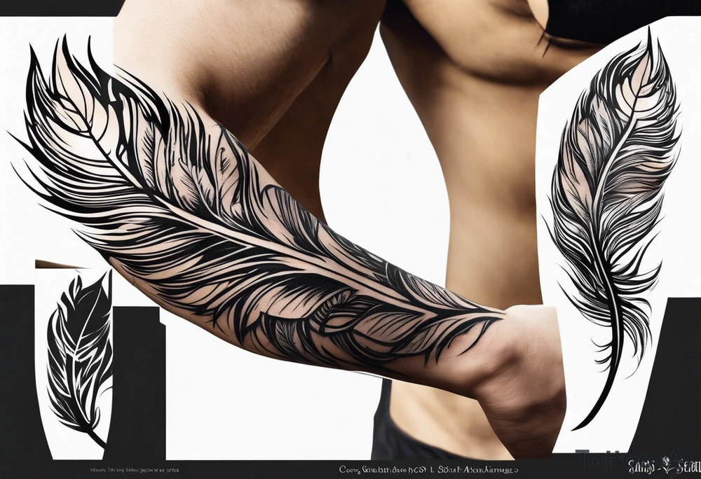 The tattoo begins on the left arm, at the elbow, where feathers are flying under the action of the wind towards the left hand. These feathers share the air space with branches that have leaves, and both elements move together up the left arm. As they approach the shoulder, some lightning appears between them. At this point, the feathers start to converge toward the left chest, where a vortex of energy reveals the head of an owl. The branches converge toward the left side of the back, passing over the shoulder. On the left side of the back, there is a dense, psychedelic element representing the energy of life's creation, with references to the earth, element, and planet. There is also a clay house in this area. tattoo idea