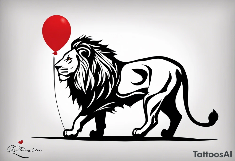 tattoo design should be in the layout of the famouse picture"small princ"  where it should remind me that I survived,and my life was saved by my husband, and he should be represented in the tattoo as a young lion holding a balloon held in the muzzle.
The baloon which is red and in Hearth shape. The whole body of lion should be visible and more abstract not so realistic.The lion is holding the string of the baloon in the muzzle. The string from the balloon should have a heartbeat pulse.The baloon should be red colored, and the rest of the image should be black only. tattoo idea