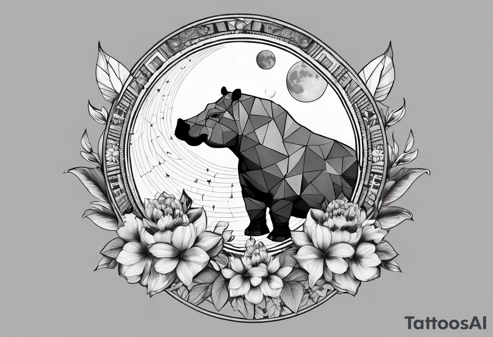 Very asymmetrical, +geometric pattern, with realistic full moon, with hippo,+tribal, +geometric, +inkart , +blackwork, +grey scale, + sketch
with wintersweet flower bud, +inkart touch, +for men, detailed , combined favourite , tattoo idea