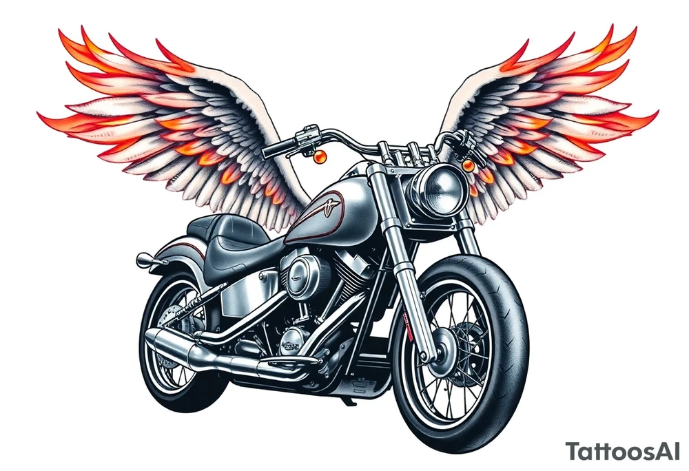 Low rider grey motorcycle, big muffler pipes with flames, angel wings, driving away, no person tattoo idea