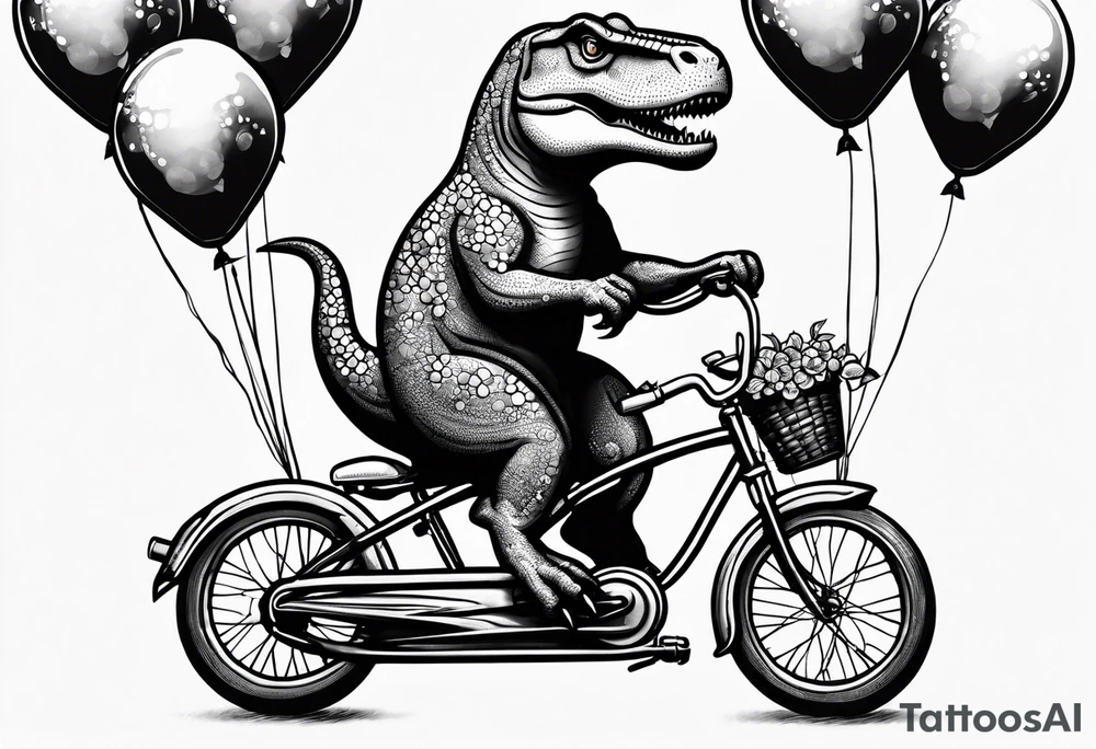Trex riding a bicycle holding balloons tattoo idea