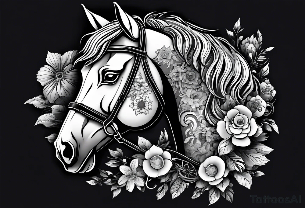A horse head made fully out of gears. The horse's main is made out of flowers tattoo idea