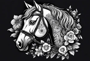A horse head made fully out of gears. The horse's main is made out of flowers tattoo idea