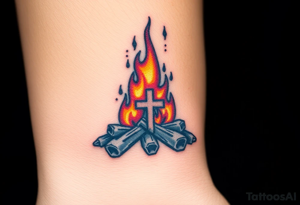 Campfire with a cross hidden in the flames tattoo idea