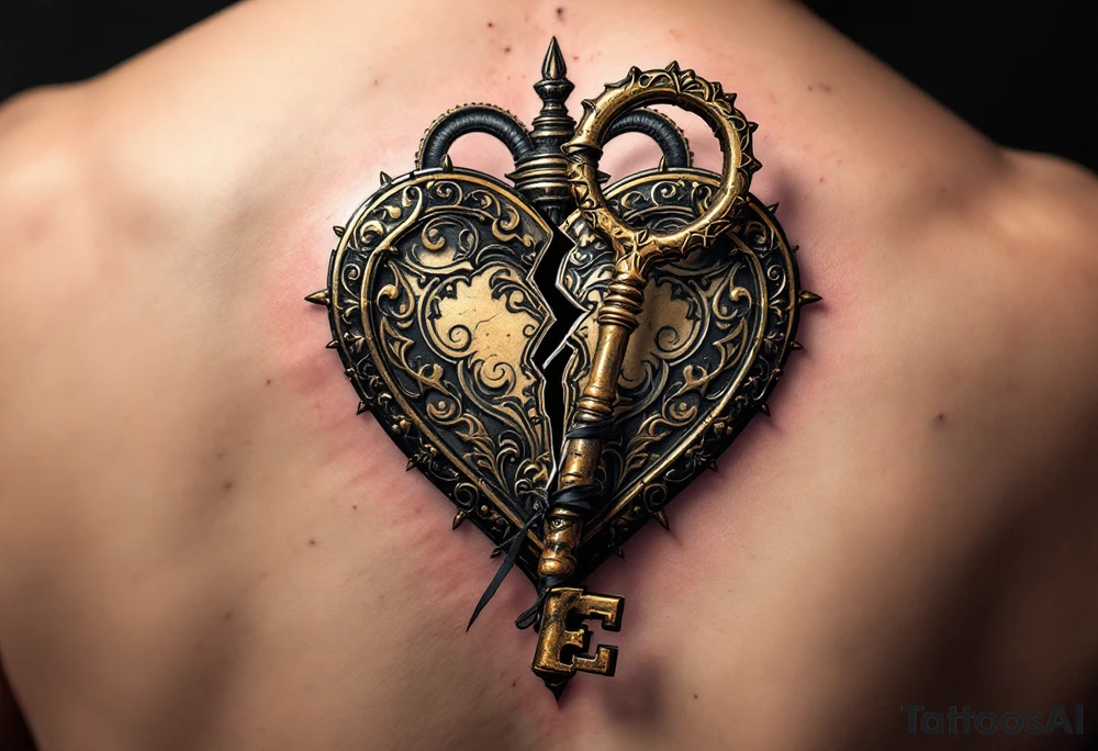 A vintage heart-shaped lock with intricate baroque detailing, cracked slightly at the center, paired with a rusted skeleton key wrapped in a thin black ribbon. The lock is shaded in antique gold and deep bronze, while the key has accents of dark silver and aged steel. tattoo idea